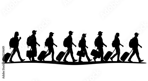 Silhouette of a diverse group of travelers with luggage walking