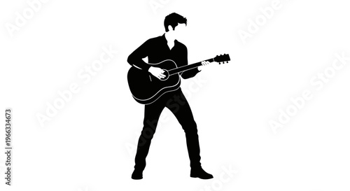 Silhouette of a man playing an acoustic guitar, dynamic pose, white background.