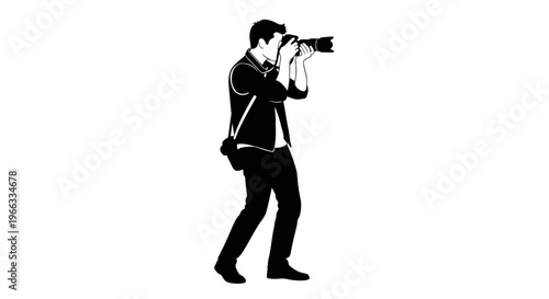 Silhouette of a photographer holding a camera and taking a picture, isolated on white