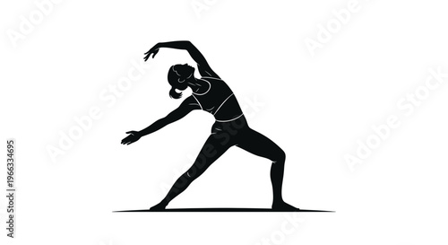 Silhouette of a woman performing yoga pose, virabhadrasana II variant
