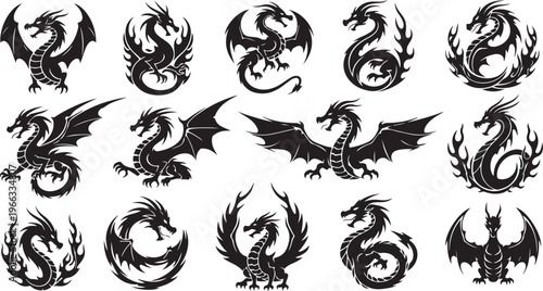 Collection of dragon silhouettes in various poses and styles