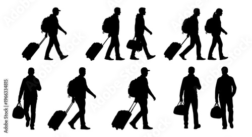 Silhouette Travelers With Luggage Walking Isolated On White Background