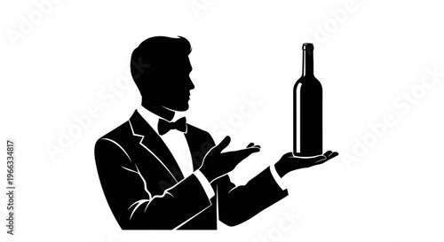 Silhouette Waiter Offering Wine Bottle