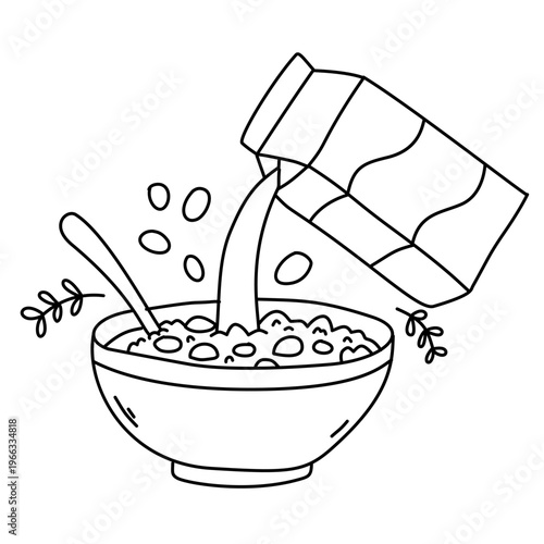 cereal bowl with spoon being filled with fresh milk from carton