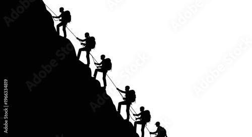 Silhouettes of climbers ascending a steep mountain slope, teamwork and adventure