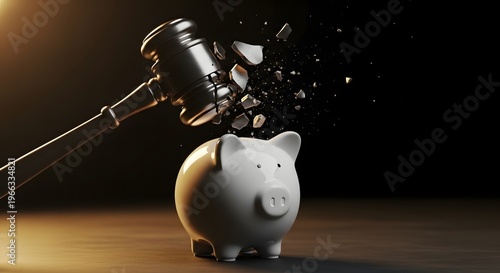 A wooden judge's gavel explodes into fragments upon hitting a sturdy ceramic piggy bank, symbolizing the resilience of savings against legal penalties and the high price of seeking justice