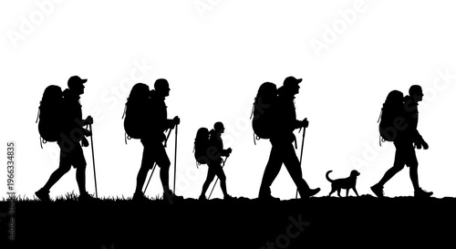 Silhouettes of hikers and dog walking on a path against white background