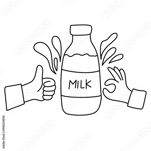hands showing thumbs up and okay sign next to milk bottle