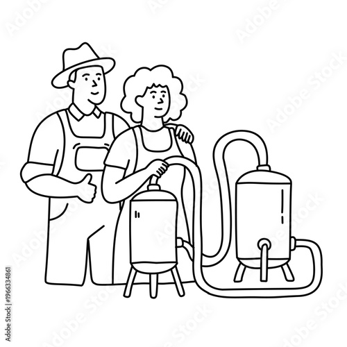 farmers couple standing near modern milk processing machinery in rural farm shed