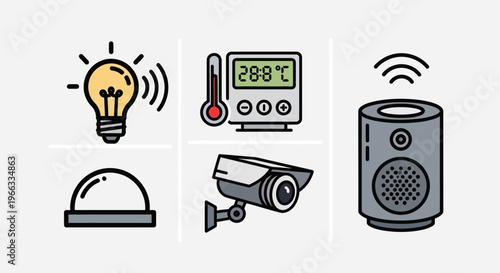 Smart Home Technology Icons: Light, Thermostat, Camera, Speaker, Sensor