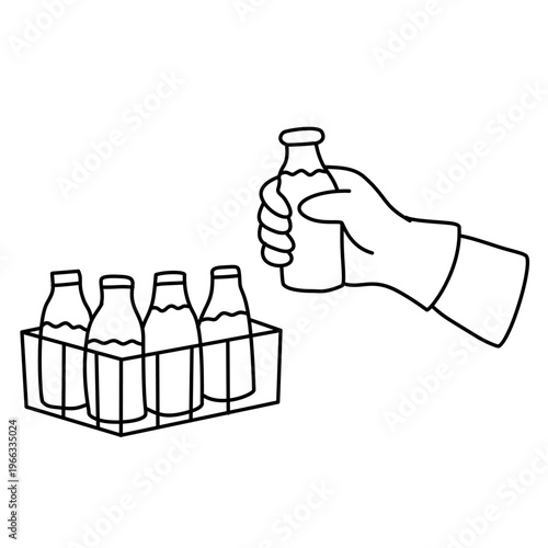 Hand in protective glove picking glass bottle from full metal milk crate