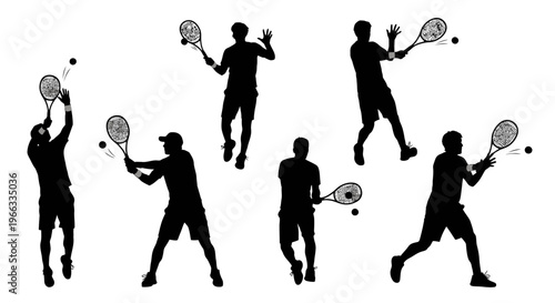 Tennis Player Silhouettes: Action Poses on White Background