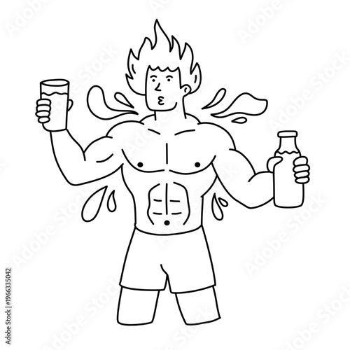 Strong muscular man holding glass and bottle of milk for body building