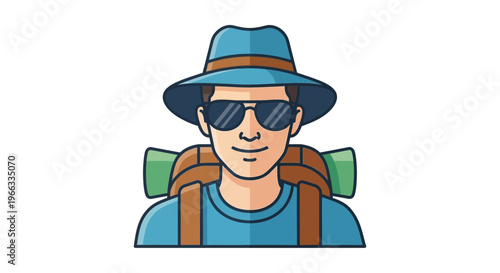 Traveler Icon: Man with Backpack and Hat, Sunglasses, Adventure, Exploration, Flat Design