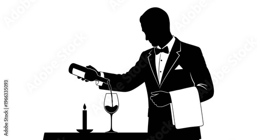 Waiter pouring wine into glass, candle lit, elegant silhouette