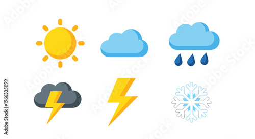 Weather Icons Set: Sun, Clouds, Rain, Thunderstorm, Lightning, Snowflake