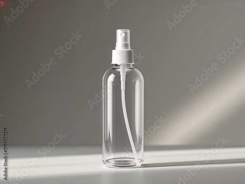 Clear spray bottle with white cap and internal tube