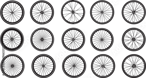 Collection of bicycle wheels in black and white illustration