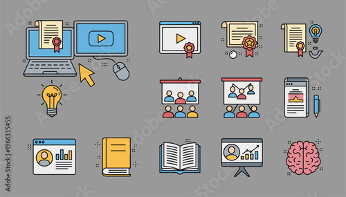 Collection of colorful educational icons and symbols.