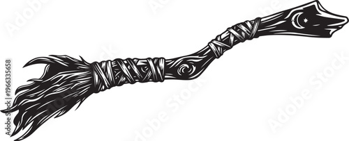 Magical broomstick with mystical designs and feathers isolated white