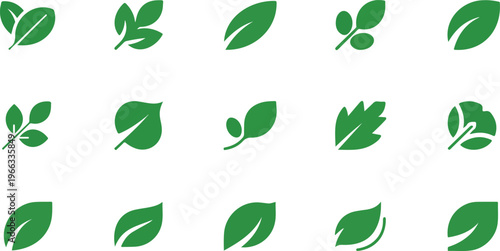 Flat green leaf icon collection in 3x5 grid with simple and multi-leaf shapes, curved edges, and consistent minimalist vector style