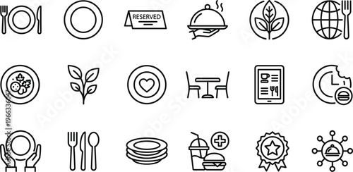 A collection of simple black and white line icons representing dining food service reservations and healthy eating concepts high-quality professional