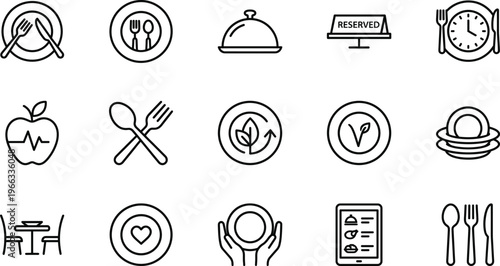 A collection of minimalist line icons representing dining food service and healthy eating concepts high-quality professional detailed modern elegant stylish