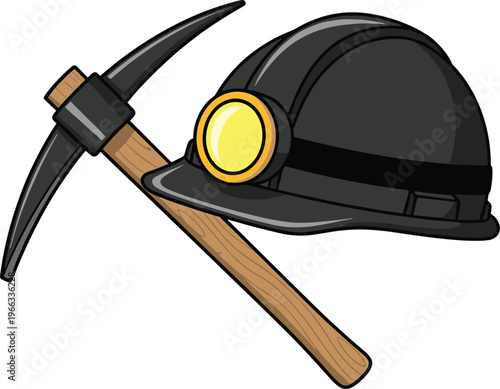Mining tools illustration featuring pickaxe and miner helmet with headlamp for underground excavation industry safety equipment and resource extraction concept