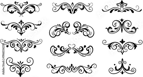 Set of Decorative Vintage Flourishes and Ornaments. Elegant Black Scroll Designs and Artistic Dividers for Graphic Design Projects.