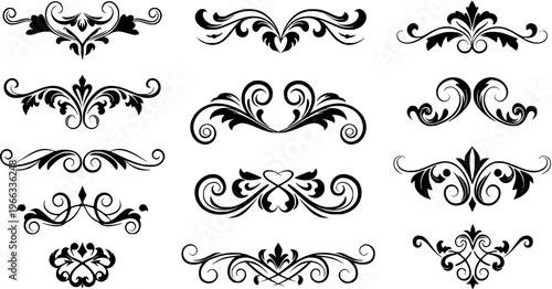 Elegant Vector Set of Vintage Black Ornamental Flourishes, Scroll Dividers, and Decorative Design Elements for Borders  Headings