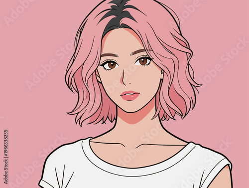 Young woman with short pink hair standing against a solid pink background while looking directly at the viewer