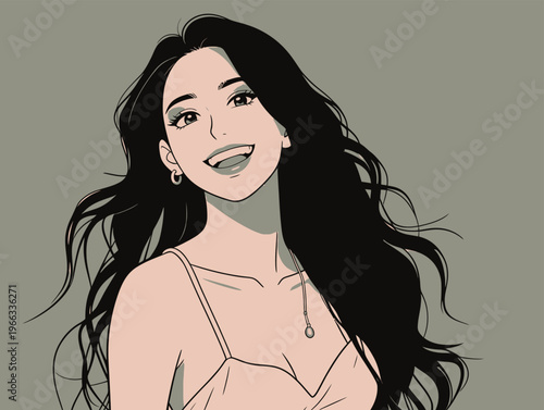 Smiling woman with long hair looking at the viewer in a simple background during daylight