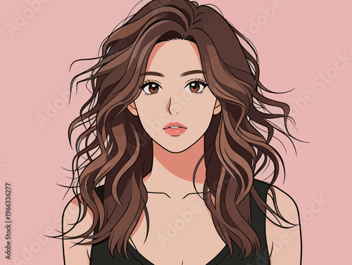 Woman with long wavy hair looking at the viewer against a pink background with a simple style and clean lines during a bright day