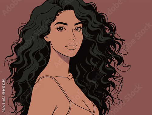 Young woman with long curly hair posing against a simple colored background in a relaxed manner