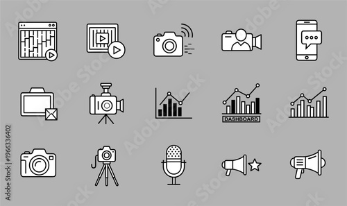 Black and white line icons for business communication and marketing.
