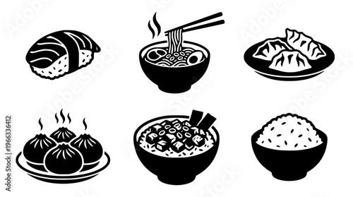 Various Asian food items in a vector graphic illustration