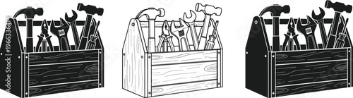 Wooden toolbox with hand tools illustration in different styles, carpentry equipment set for repair, maintenance and construction work concept