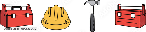 Construction equipment icons set with toolbox, safety helmet and hammer, building tools illustration for repair, maintenance and industrial work concept