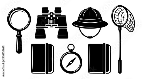 Safari adventure tools and equipment illustration set