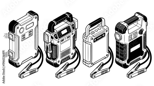 Portable car battery jump starters with clamps and handles