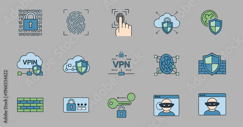Collection of cybersecurity and VPN icons.
