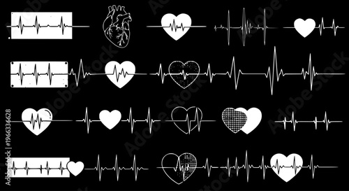 Medical Cardiology EKG ECG Heartbeat Vector Collection. Health Pulse Line Graphics with Anatomical and Stylized Heart Designs on Black Background for Healthcare and Wellness.