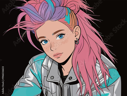 Girl with colorful hair poses in a stylish jacket, showcasing a unique look and bright blue eyes, with a black background that highlights her features