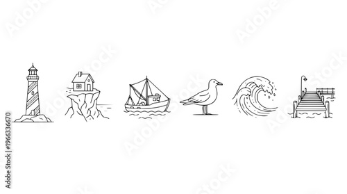 Coastal icons featuring lighthouse, house, boat, seagull, wave, pier