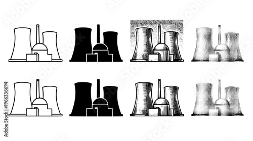 Nuclear power plant vector illustration set in various styles
