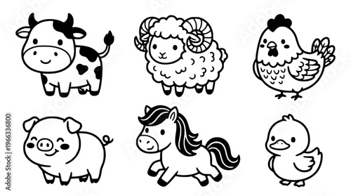Adorable farm animals in a vector graphic illustration set