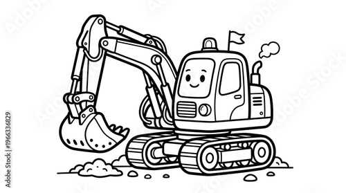 Smiling Cartoon Excavator Machine Digging.