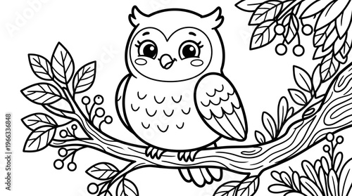 Cartoon owl sitting on branch.
