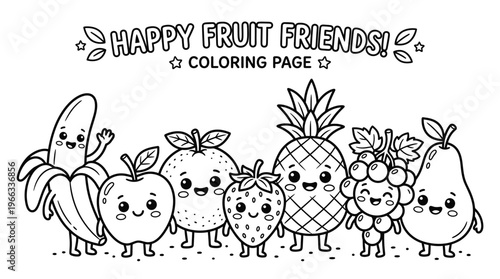 Colorful cartoon fruit characters standing.
