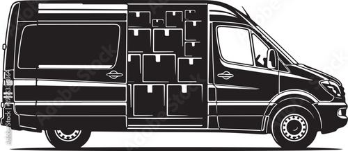 Black and white illustration of a moving van vehicle